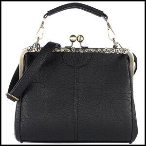 Vintage Kiss Lock Clutch Evening Purse Leather Shoulder Bag Elegant